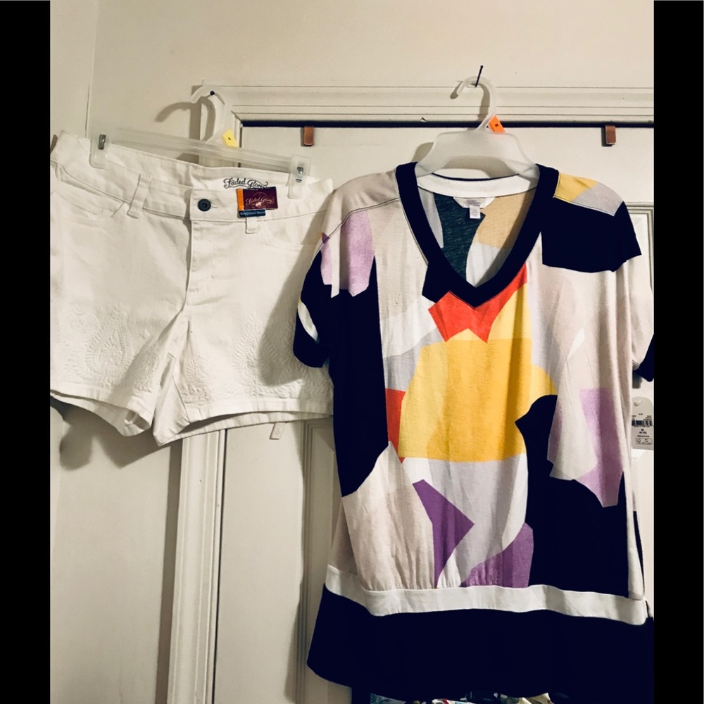 Multi-Color Top & Front-Laced Boyfriend Shorts Set - Picture 1 of 8